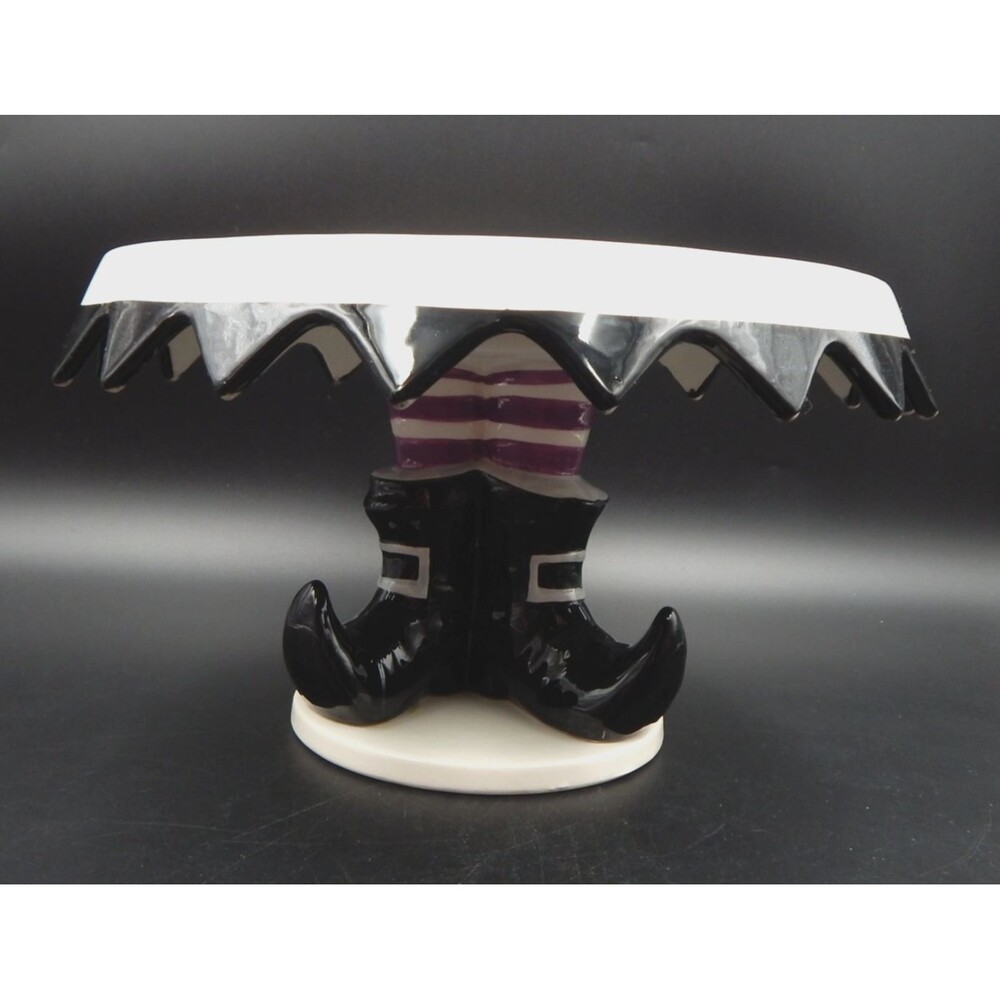 Magenta Ceramic Halloween Witch Legs Pedestal Cake Stand Dessert Plate 11 Inch
